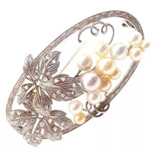 Vintage! Authentic Mikimoto 14k White Gold Diamond Pearl Brooch Pin
